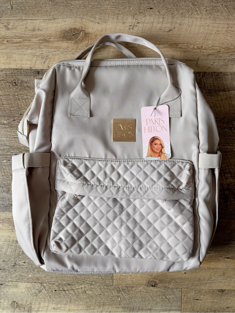 Paris Hilton Beige Travel Laptop Work Backpack Bag with Quilted Pocket Detail